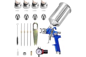 Aflybltol High-Performance HVLP Spray Gun with 1.4mm 1.7mm 2.0mm 2.5mm Tips,1000cc Aluminum Cup, and Air Pressure Regulator Gauge for Car Furniture Body Repair Painting(Blue)