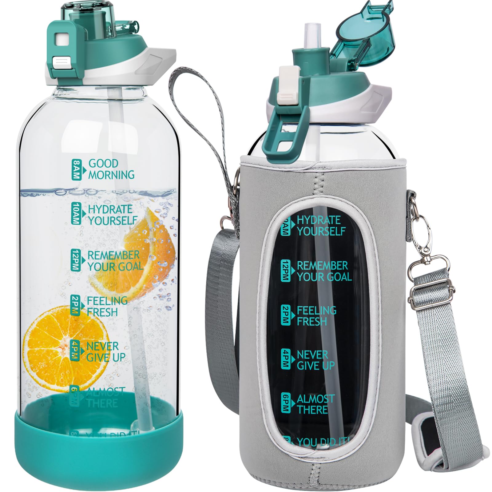 Seekua 2 litre Large Glass Water Bottle with Straw & Time Markings 2l Big Motivational Glass Drinking Bottle BPA free Leakproof