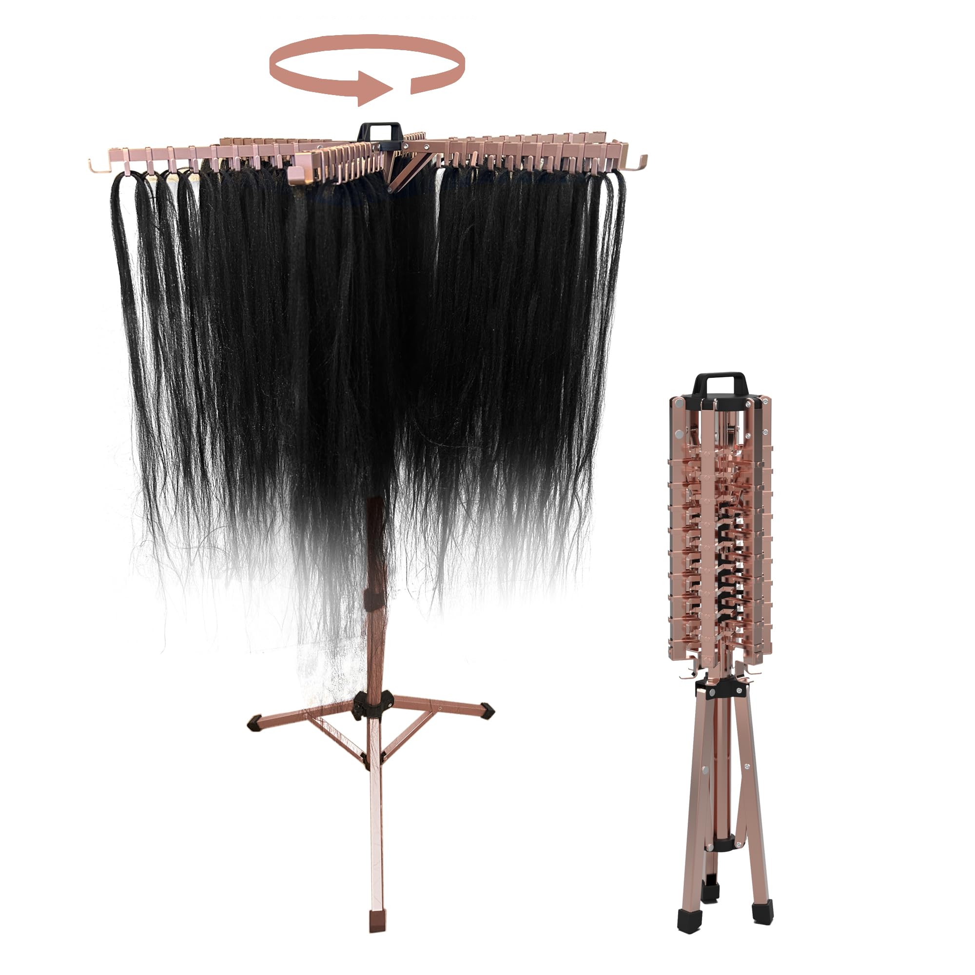 Swivel Braid Tree Braid Rack - Rose Gold, Pre-assembled, Space-Saving, Portable, Folds away, Height Adjustable Hair extension holder rack, 114 hook display stand for braiding hair - The OG Braid Tree