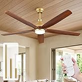 60inch Ceiling Fan with Light,Gold Brass Walnut Finish, 5 Solid Wood Blades | ETL Listed, High CFM Quiet Energy Efficient DC Motor, Dimmable, Modern Farmhouse, for Indoor Large Room Outdoor Covered Patio