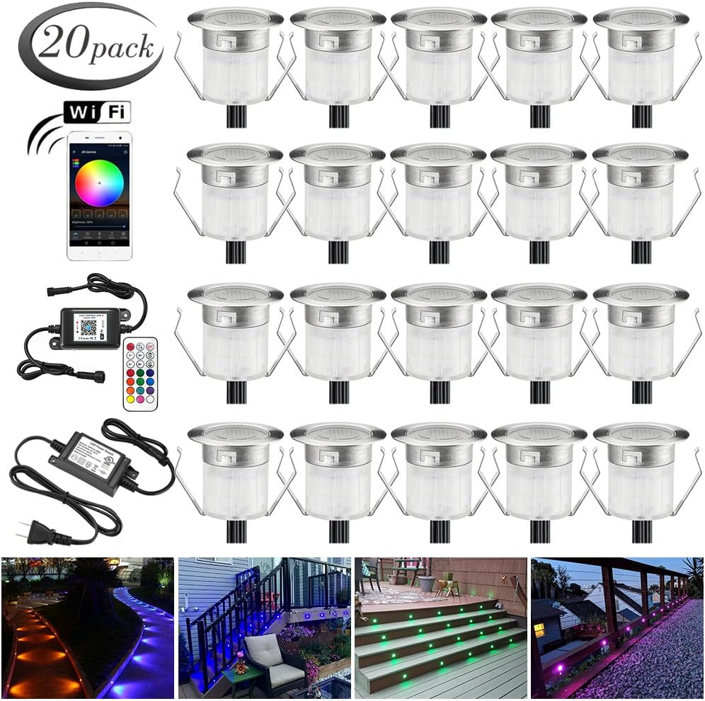 LED Deck Light Kits, FVTLED 20pcs &Phi;1.18" WiFi Control Low Voltage LED Deck Light Waterproof Outdoor Decor Stair RGB Lamps Wireless Smart Phone Compatible with Echo Alexa Google Home