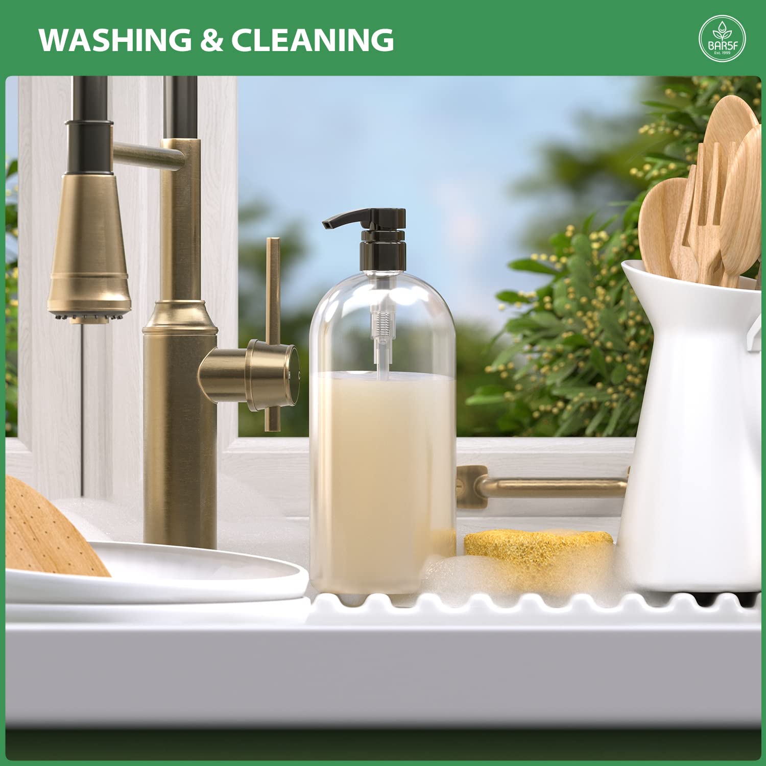 Bar5F Empty Shampoo Bottles with Pumps (2-Pack 32oz/1Liter/Large) BPA-Free PETE1 Plastic Bottle Crystal-Clear