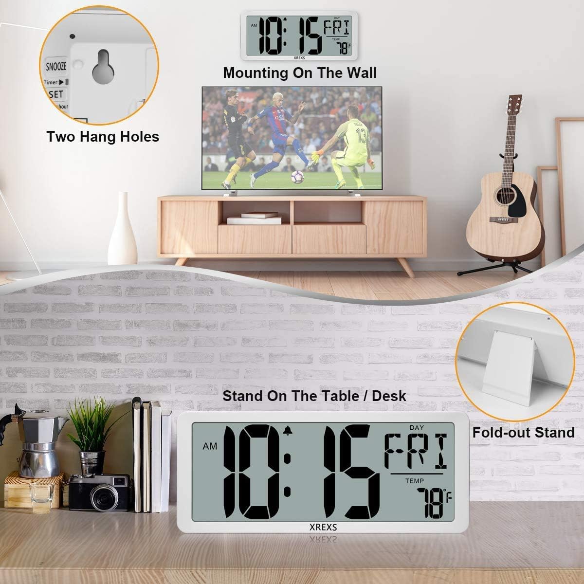 XREXS 15 Inch Large Digital Wall Clock, Battery Operated with Auto DST, Day, Date, Alarm & Temperature - Image 3