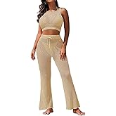 Pink Queen Women's Swimsuit Cover Up Set 2 Pieces Crochet Sleeveless Crop Top Wide Leg Long Pants Beach Coverups