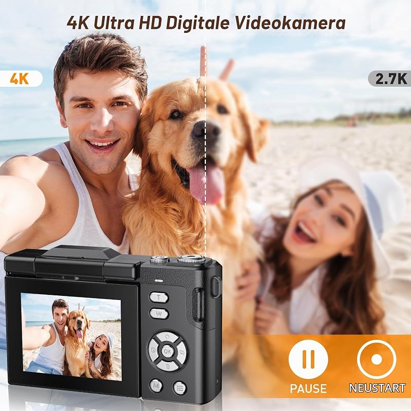 Digitalkamera 4K 48MP Autofokus Fotokamera 16X Digitalzoom Fotoapparat mit 180° Klappbarer Bildschirm Kompaktkamera mit 32GB Karte für Teens Anfänger Erwachsene (Weiß) (Schwarz) — Foto 3 von 7