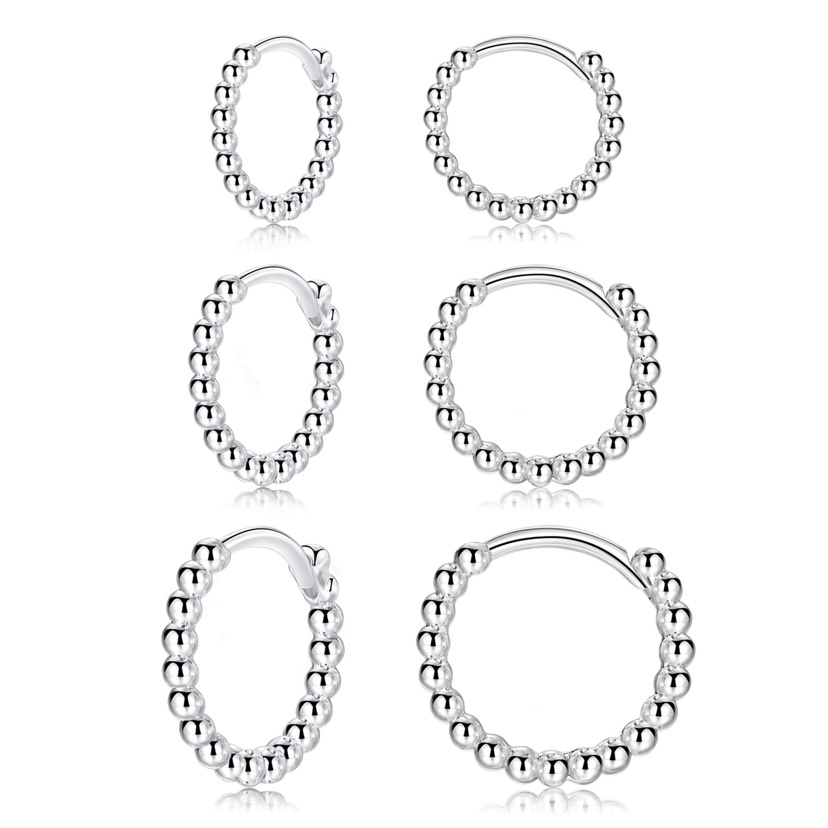 LYTOPTOPSilver Hoops Earrings for Women| 3 Pairs Small Sterling Silver Post Beaded Huggie Earrings| Hypoallergenic Tiny Cartilage Sleeper Cuff Jewelry for Men Ladies Girls, 8mm 10mm 12mm