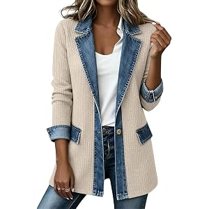 RRMuAzgs Womens Denim Patchwork Collared Shirt Jacket Casual Long Sleeve Button Front Denim Trim Blazer Lightweight Shacket