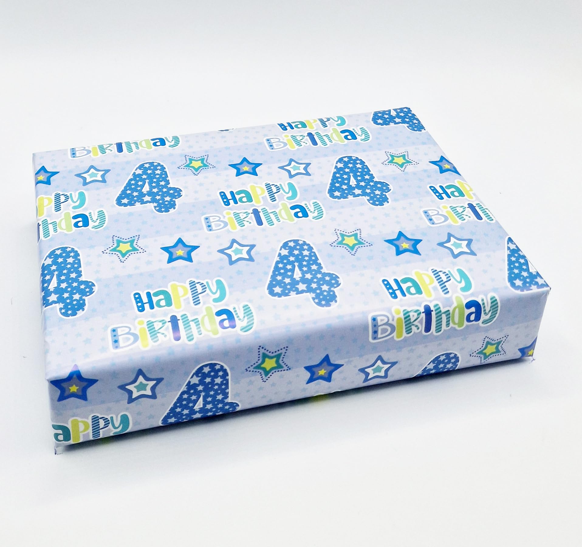4 Sheets + 4 Gift Tags 4th Birthday Boy Blue Wrapping Paper Age 4 Cute Birthday Giftwrap Blue (PA)