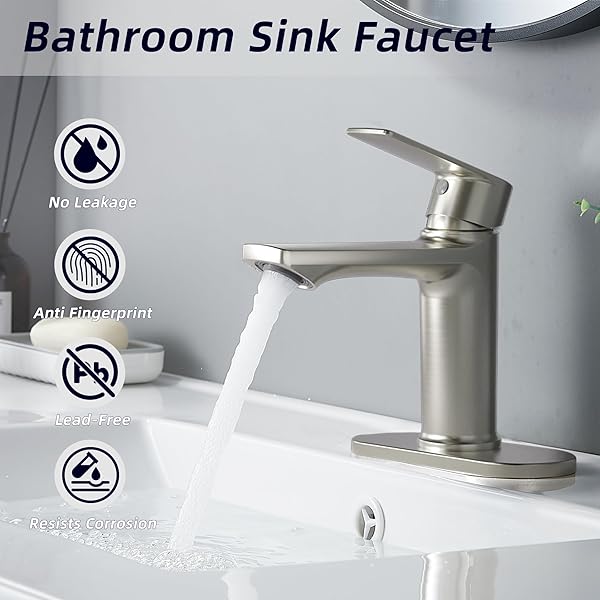BELZ BRUSHED NICKEL BATHROOM FAUCET, MODERN SINGLE HANDLE ONE HOLE BATH VANITY SINK FAUCET WITH POP UP DRAIN AND DECK PLATE FOR 1 OR 3 HOLES