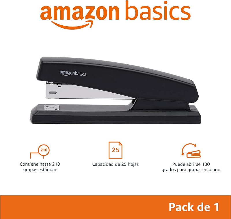 Grapadora con 1000 Grapas, Capacidad para 25 Hojas, Base de Goma Antideslizante, para Uso Doméstico, Oficina, Negro