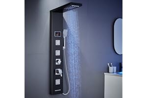 LED Shower Panel Tower System Black, MENATT 304 Stainless Steel 5-Function Shower Panel Rainfall Waterfall Shower Rain Massage System with Body Jets