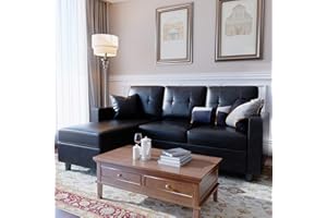 HONBAY Faux Leather Sectional Sofa Convertible L Shape Couch for Small Space, Black