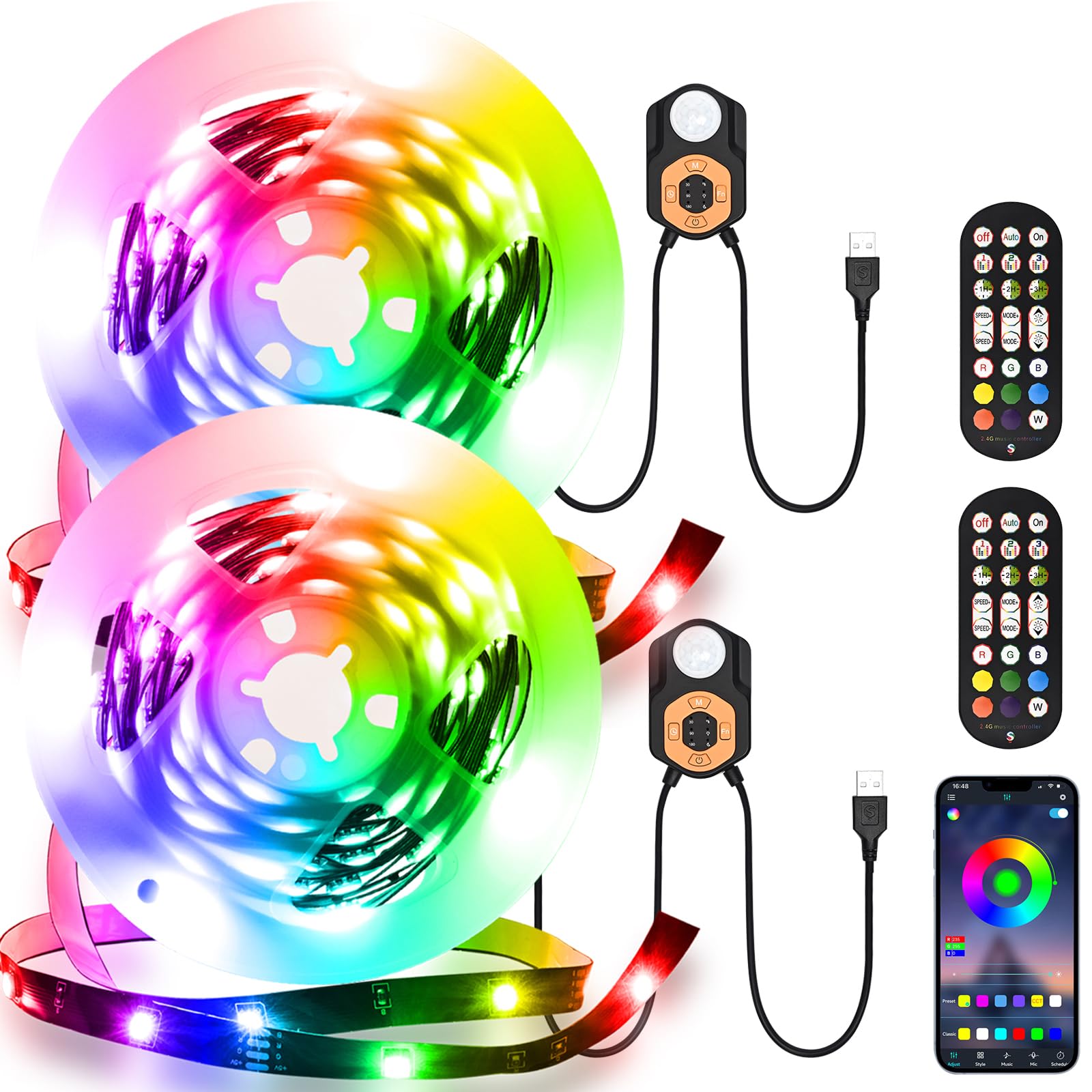 AOYADAISU Motion Sensor LED Light Strip Indoor 9.84ft 2 Pack, 6M Under Bed Lights RGB Color | Music Sync | App & Remote Control | USB 5V Dimmable TV Backlight for Bedroom, Stair, Cabinet