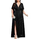 TIARALY Plus Size Sparkly Formal Maxi Dress Deep V-Neck Glitter Mesh with Slit Wedding Guest Cocktail Prom Evening Gown