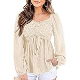 Imysty Womens V Neck Smocked Peplum Tops Balloon Long Sleeve Swiss Dot Ruched Blouses Shirt