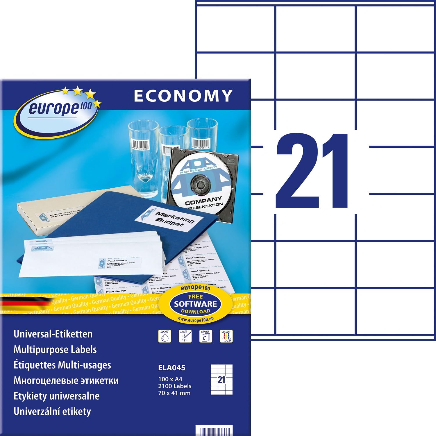 europe100 ELA001 Universal Labels 38 x 21.2 mm 70 x 41 mm