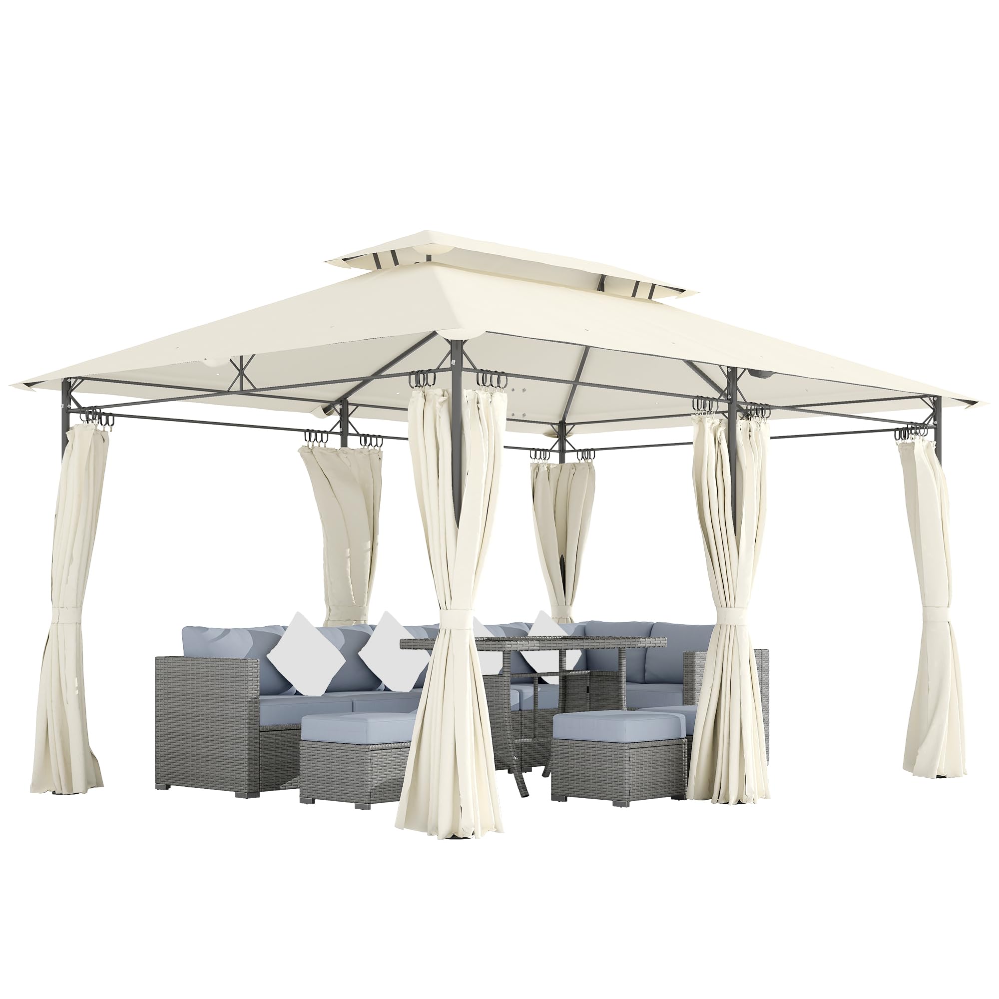 Photo 1 of ***FACTORY SEAL***

 10' x 13' Patio Gazebo, Double Roof Outdoor Gazebo Canopy Shelter with Curtains, Solid Metal Frame for Garden, Lawn, Backyard and Deck, Cream White