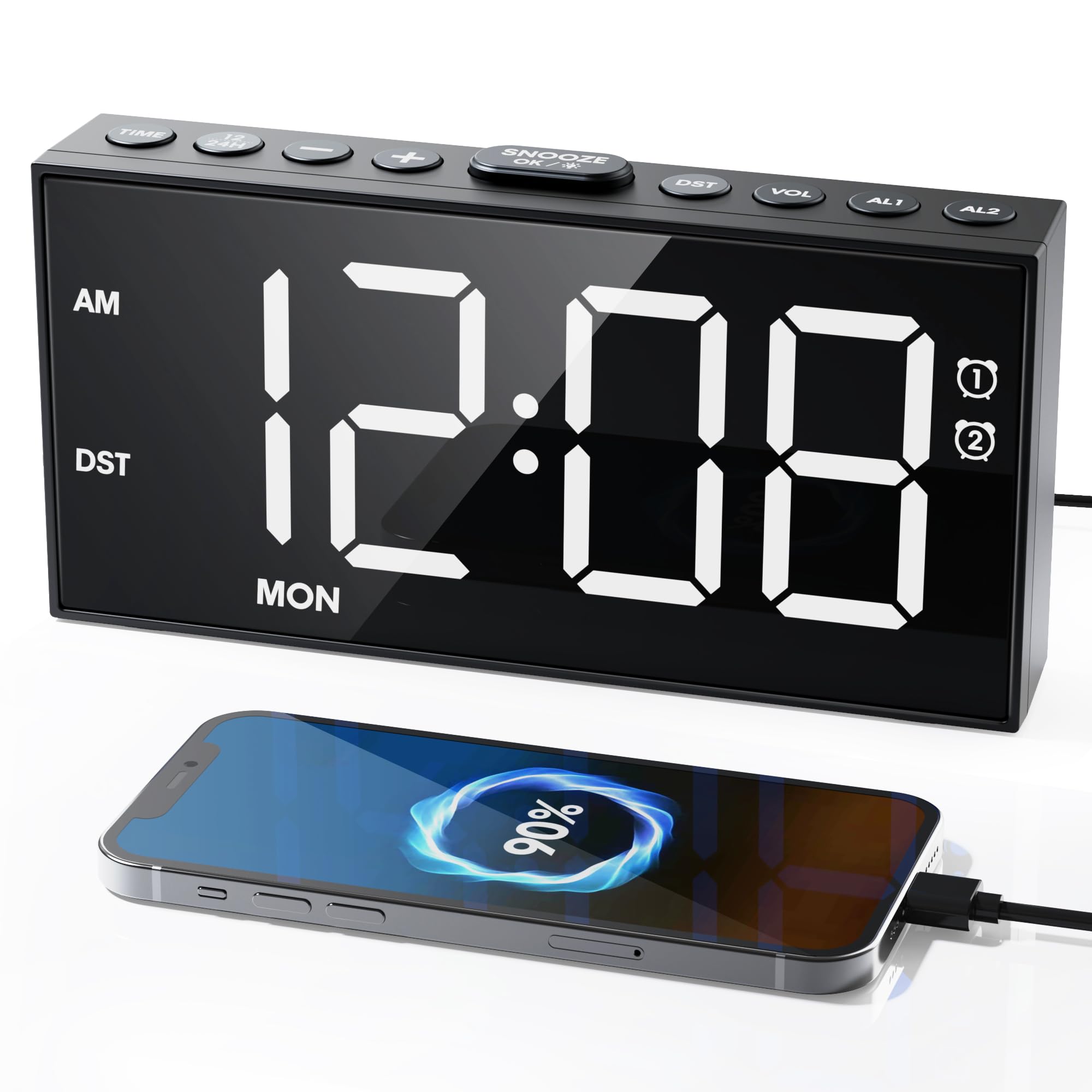 Roxicosly Loud Alarm Clock, 7.5" Large LED Display with 5 Dimmer &5 Volume, Dual Alarm with 7-5-2 Mode, Snooze, USB & Type-C Charging, Power-Off Meomery, Simple Bedside Clock for Kids, Seniors