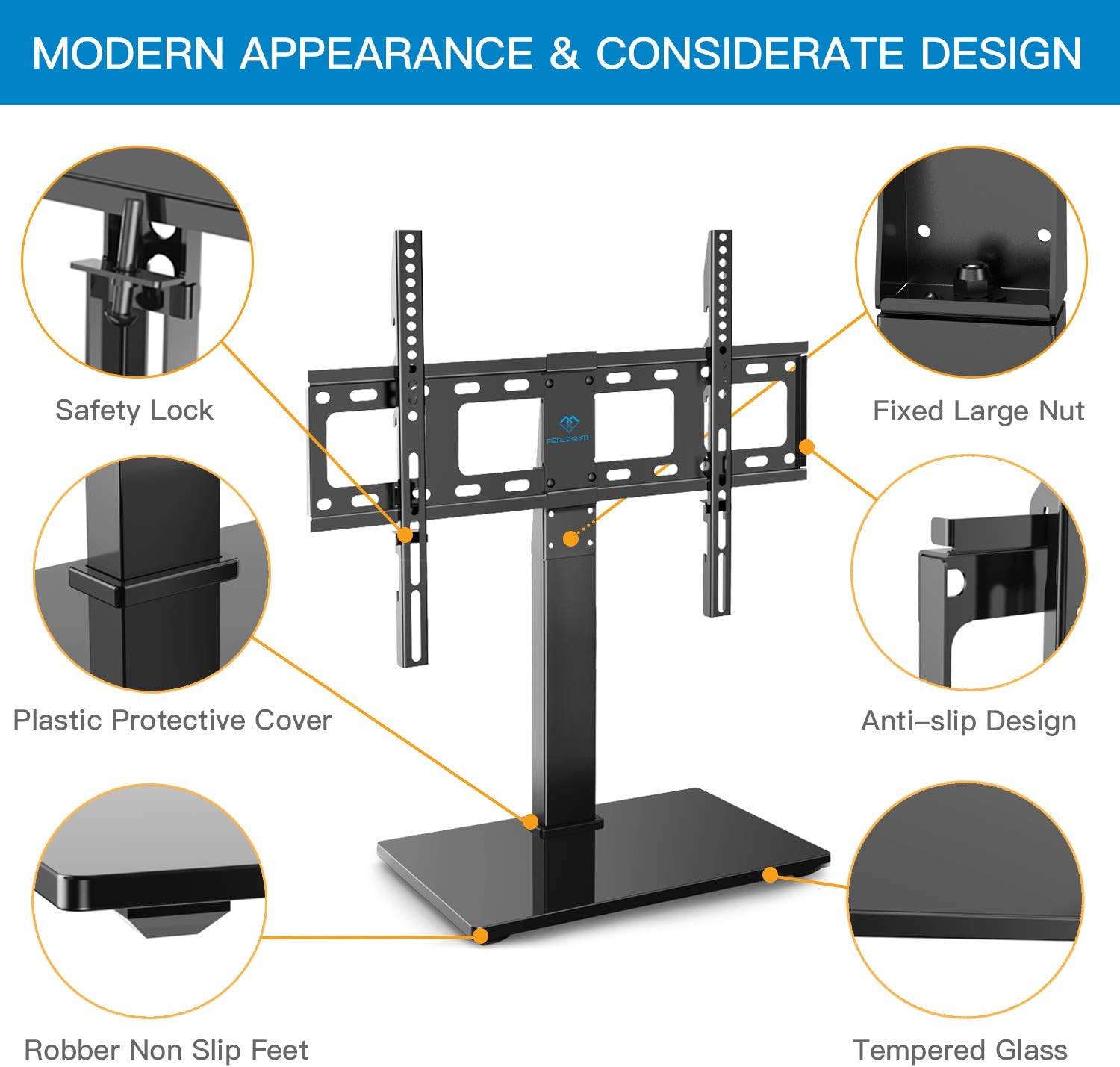 PERLESMITH Universal Swivel TV Stand / Base - Table Top TV Stand for 37-65 inch LCD LED TVs - Height Adjustable TV Mount Stand with Tempered Glass Base, VESA 600x400mm, Holds up to 88lbs: Electronics