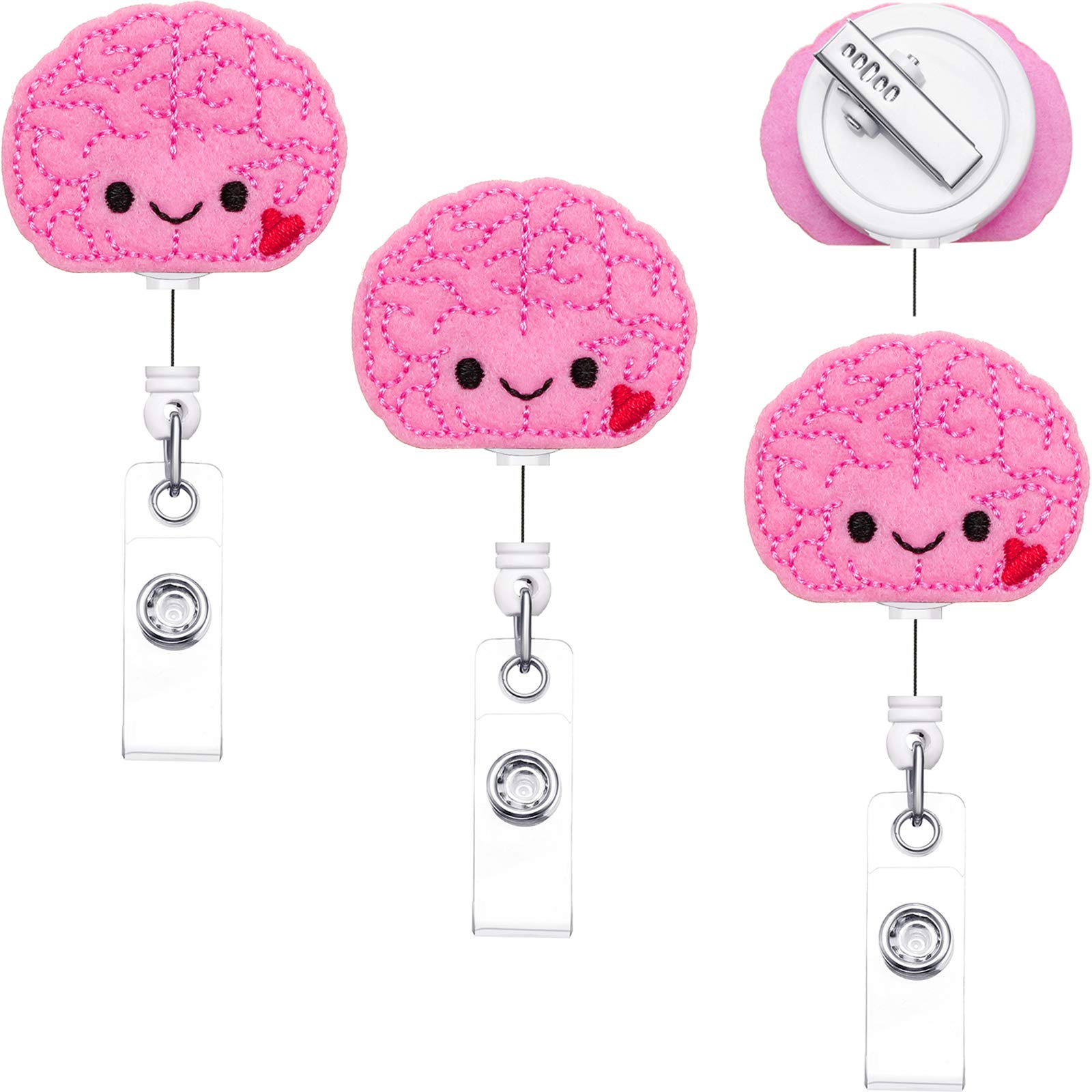 3 Pieces Brain Badge Reel Cute Felt Retractable Badge Holder ID Badge Reel Alligator Clip for Men Women Nurse Doctor Teacher Student