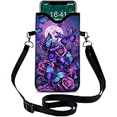 otilil Neoprene Cell Phone Sleeve Pouch Case Bag with Crossbody Strap Neck Lanyard for Women 7.1 X 3.9 in Purple Butterfly