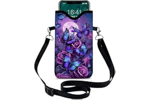 otilil Neoprene Cell Phone Sleeve Pouch Case Bag with Crossbody Strap Neck Lanyard for Women 7.1 X 3.9 in Purple Butterfly