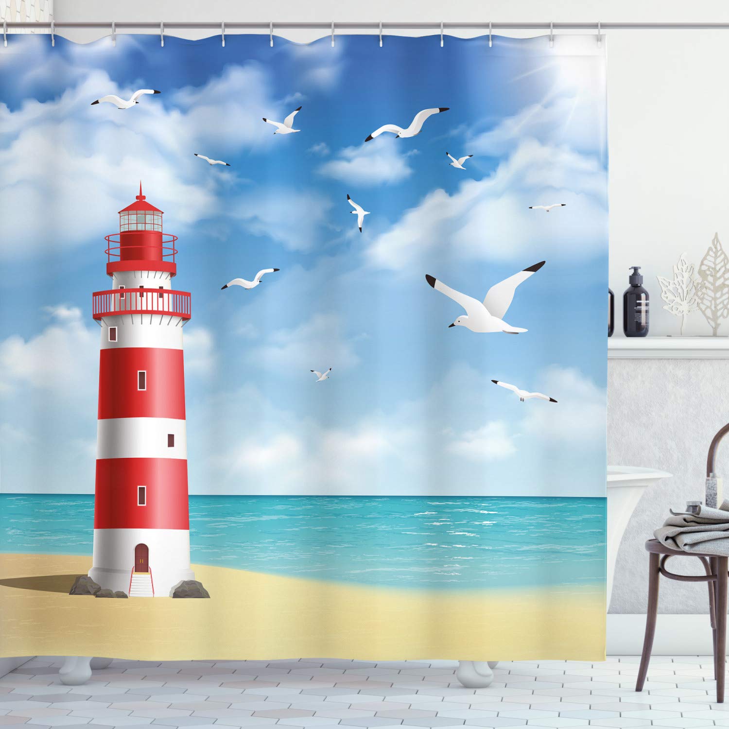 ABAKUHAUS Beach Shower Curtain, Realistic Illustration Lighthouse on Calm Seashore Flying Seagulls Ocean Scenery, Cloth Fabric Bathroom Decor Set with Hooks, 86 Inches Extra Long, Vermilion Blue