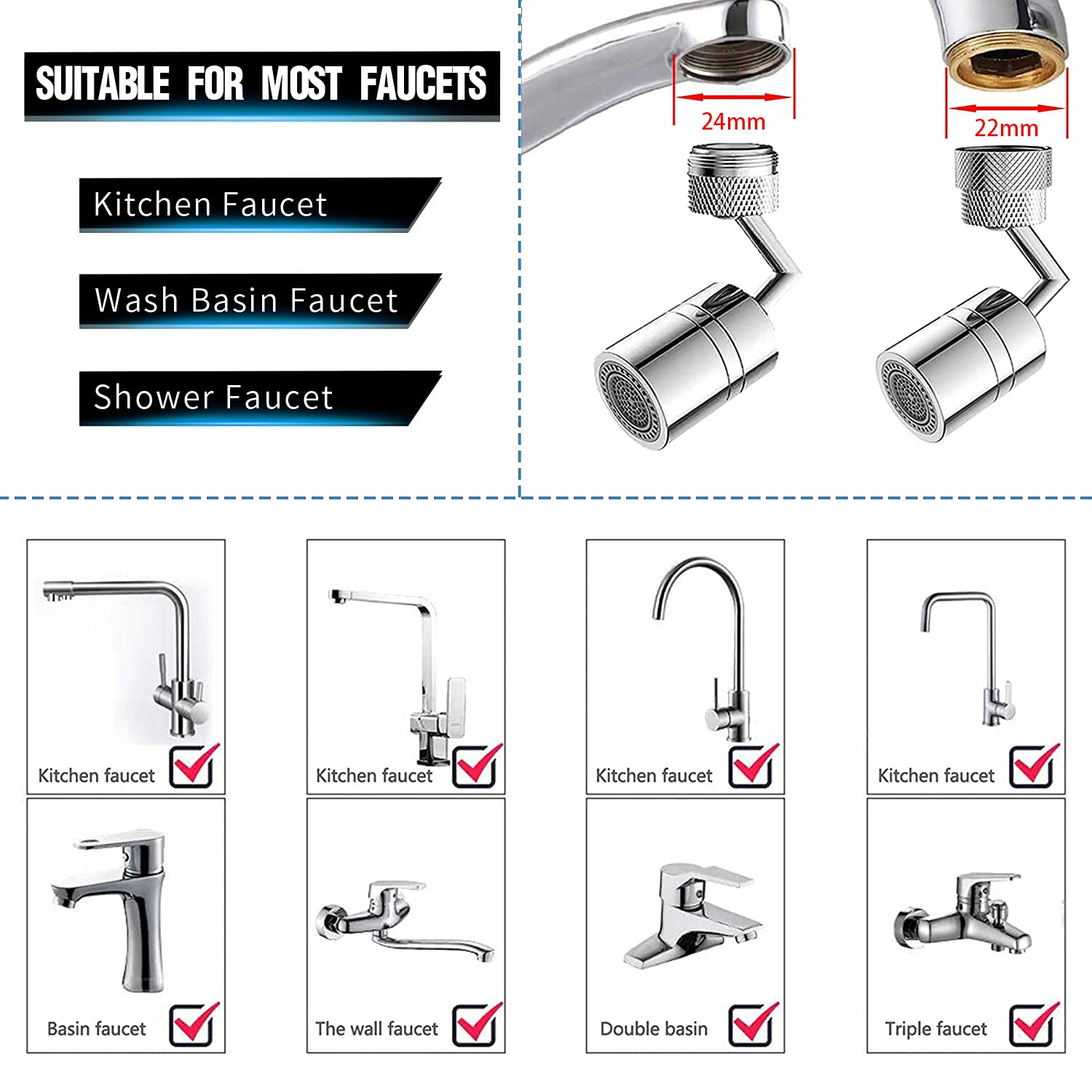 Universal Splash Filter Faucet, 720 Degree Swivel Sink Faucet Aerator, Faucet Aerator, Oxygen Enriched Foam, Leakproof, 2 Water Outlet Modes with 5 Different Sizes of adapters: Industrial & Scientific