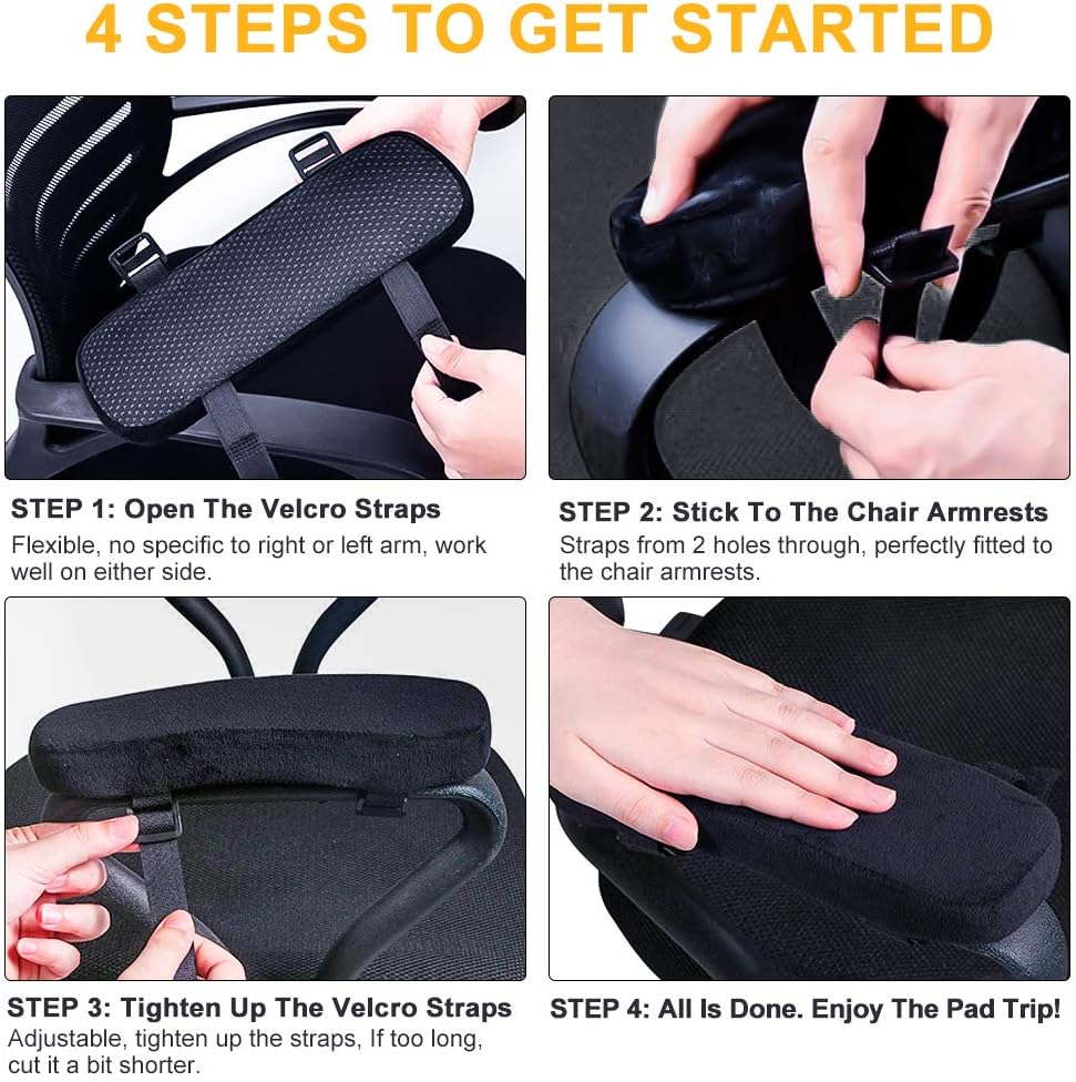 INTSUN Armrest Pad 2Pcs Padded Armrest Cushion Universal Arm Rest Pads with Adjustable Hook & Loop Fastener Elbow Pillow Memory Foam Arm Chair Covers for Office Chair, Wheelchair, Gaming Chair (Black) : Office Products