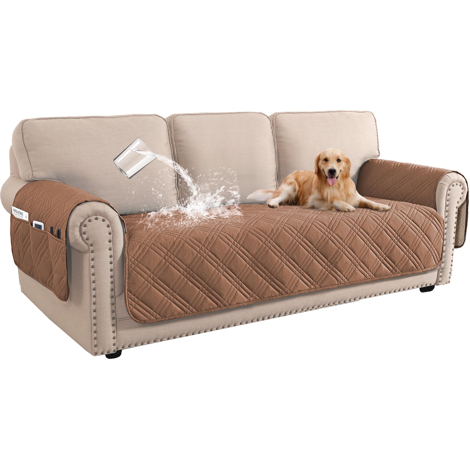 BellaHills 100% Waterproof 3 Seater Sofa Cover Slipcovers Couch Cover for Living Room Washable Seat Covers with Side Pocket Pet Couch Protector (Terracotta)