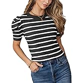 Women's Striped T-Shirts Puff Sleeve Tops Trendy Crewneck Knit T-Shirt Summer Casual Blouses