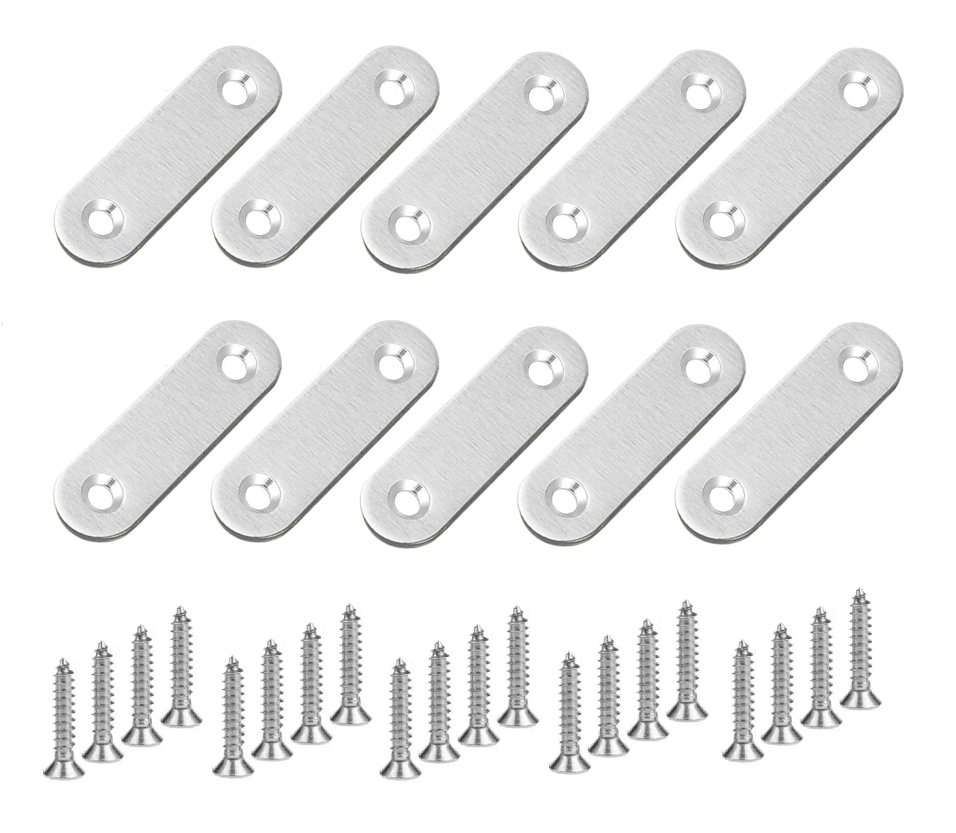 TERF® 10 Pcs Stainless Steel 50mm X 15mm Flat Mending Corner Brace Straight Plates Joining Connector Repair Plates Shelf Bracket with Fixing Screws for Use Wood, Furniture and Many Industrial Project