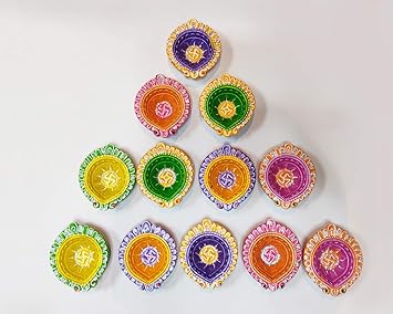 Collectible India Clay Diyas Diya Deepak Colorful Set Earthen Diwali Decoration Puja - Handpainted Diya for Home Indoor Outdoor Diwali Swastik Handmade (Set of 4) (4)