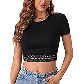 Vrtige Women's Casual Crop Tee Top Crewneck Lace Trim Short Sleeve Fitted Top Summer T Shirt