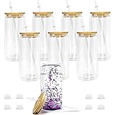 CHLJAR 8 Pack Acrylic Snow Globe Tumbler, 20oz Snowglobe Cups with Pre Drilled Hole, Double Wall Plastic Cups Blanks with Bamboo Lid and Plastic Straw, Glitter Snow Globe Cup for DIY Gift