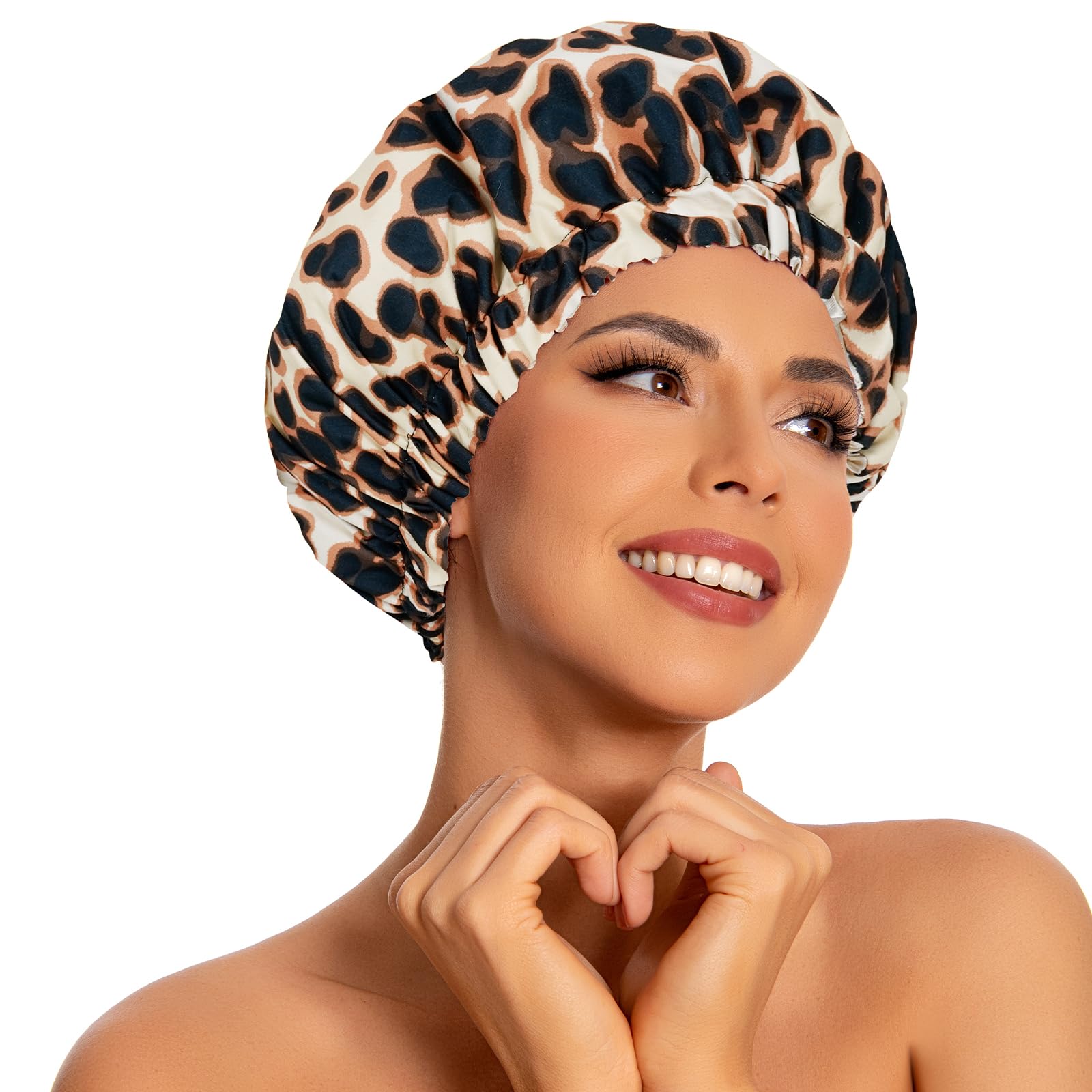 Photo 1 of Reusable Shower Caps for Women Waterproof, Large Luxury Washable Elastic Band Bath Hair Bonnet, Double Layer Stylish Shower Hat for Long Hair, Braids, Curly(Leopard)