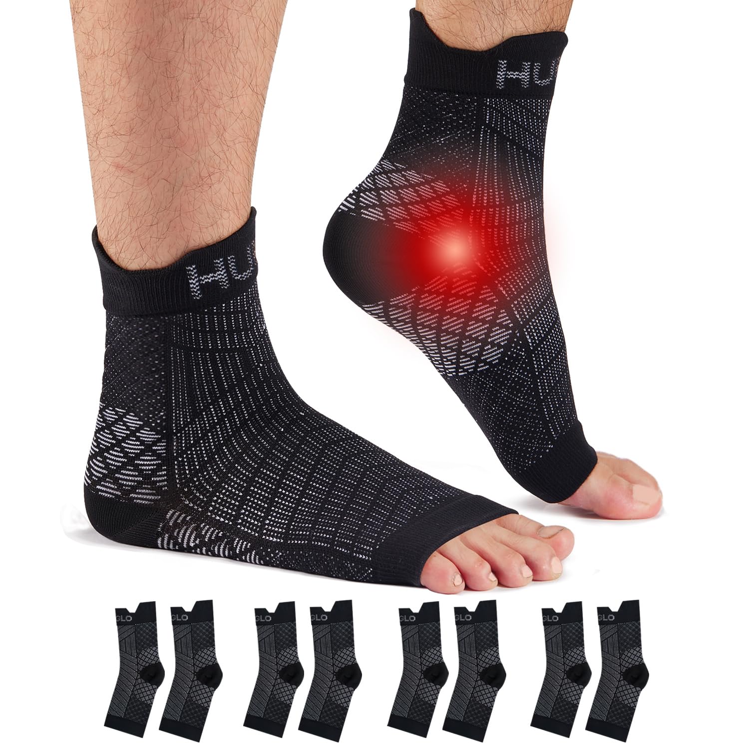 HUEGLO 4 Pairs Compression Socks For Women Men Neuropathy Plantar Fasciitis Socks Ankle Support Brace Breathable Anti-Slip Foot Support (Black, M) — image 1
