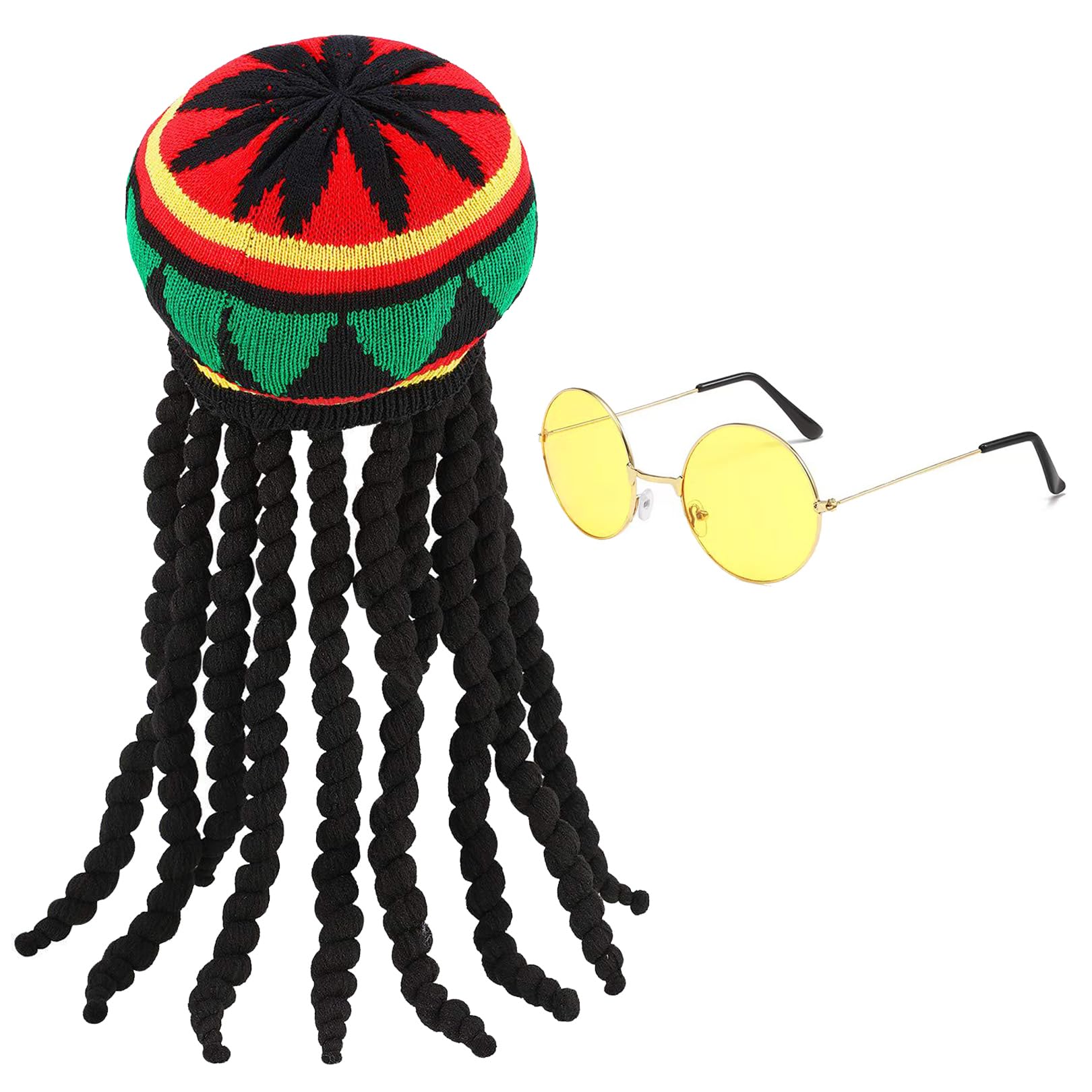 Rasta Hat with Black Dreadlocks Wig, Yellow Glasses - Caribbean Fancy Dress, Funny Adult Costume for Parties & Cosplay