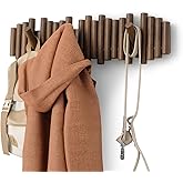 Umbra Picket Coat Rack with 8 Hooks – Walnut Wall-Mounted Coat Rack with Flip-Down Wooden Hooks, Real Pine Wood Decorative Wall Storage for Jackets, Hats, Scarves, Bags, Entryway, Bedroom Living Room