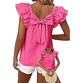 Falechay Womens Bow Tie Back Tops Round Neck Ruffle Short Sleeve Shirts Cute Babydoll Chiffon Tee Women Summer Trendy Tunic