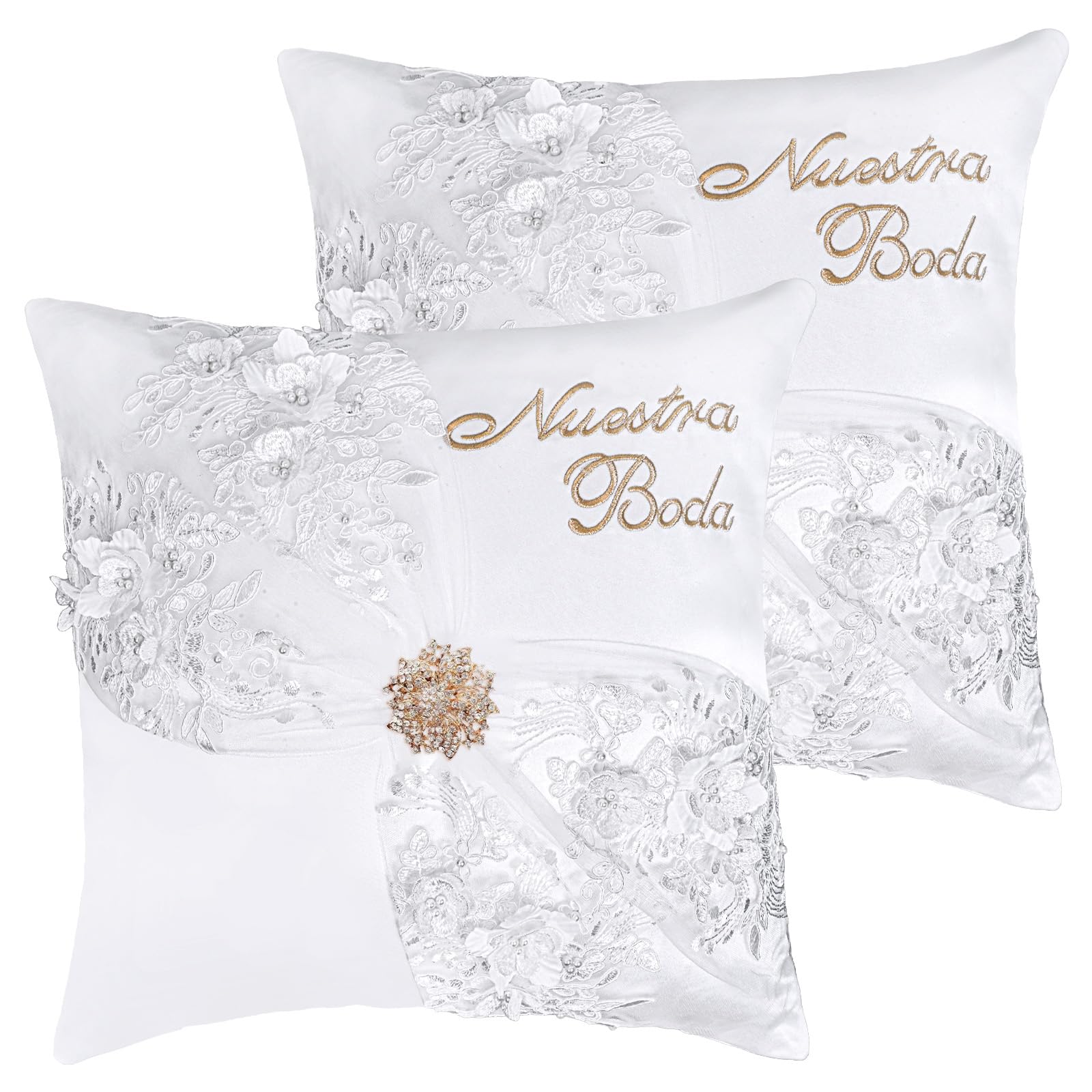Photo 1 of 1 Pair of Wedding Kneeling Pillow Covers, 16X16 Inch Embroidered Nuestra Boda Kneeling Pillow, Satin and Lace Pearl Upscale Wedding Kneeling Pillow (Gold)