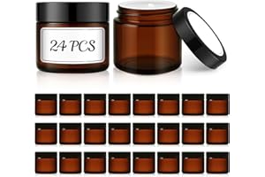 Bumobum 2 oz Small Glass Jars with Lids, 24 Pack Amber Glass Cosmetic Jars with Inner Liners, 60ml Round Empty Sample Containers for Cream, Salve, Powders and Ointments Storage