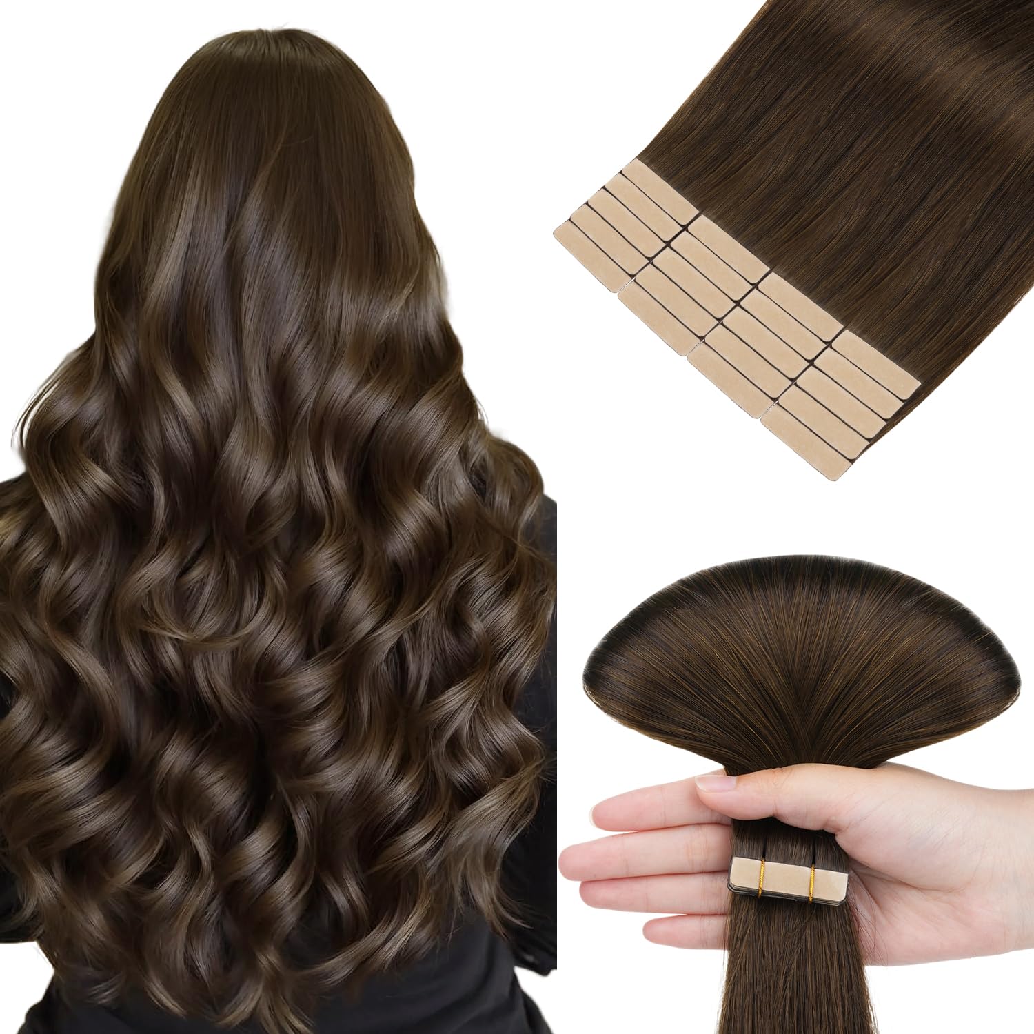 hotbanana Tape in Hair Extensions, 14 Inch Tape in Hair Extensions Human Hair 20pcs 50g Chocolate Brown Tape Hair Extensions Straight Remy Human Hair Tape in Extensions — image 1