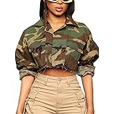 Yimoon Camo Jacket Women Cropped Army Fatigue Jacket Crop Camouflage Top Camo Outfits Casual Cargo Trendy Long Sleeve Tops