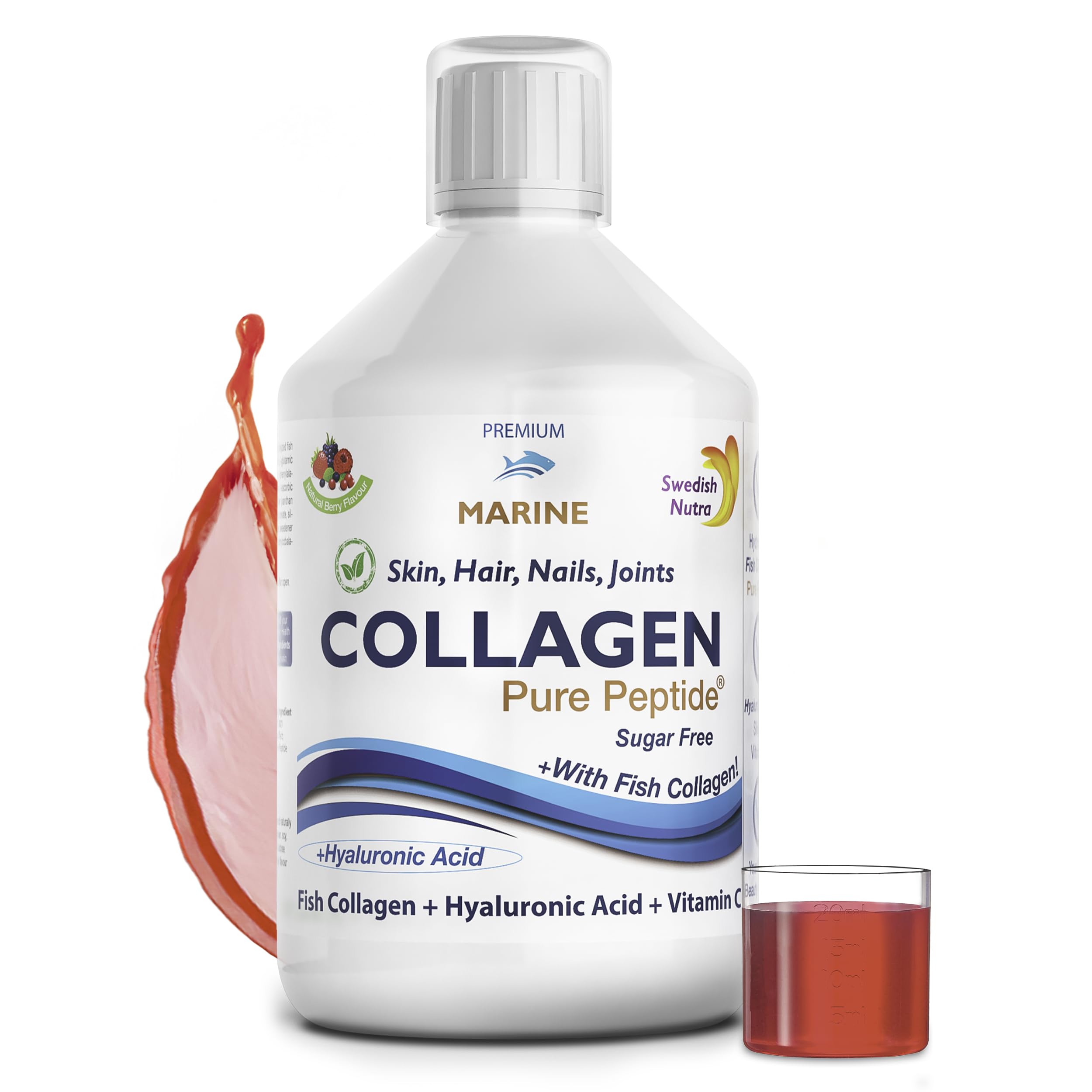 Swedish Nutra - Hydrolyzed Marine Collagen Liquid Supplement - Pack of 500 ml, 20 Day Supply | Pure Peptide and Vitamins for Healthy Hair, Skin, Nails and Joints I 100% Natural Berry Flavour