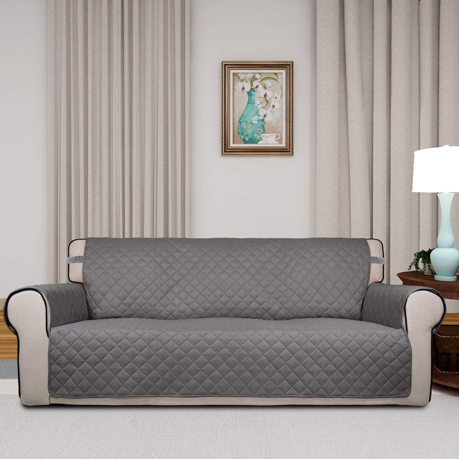 PureFit Reversible Quilted Sofa Cover, Water Resistant Slipcover Furniture Protector, Washable Couch Cover with Non Slip Foam and Elastic Straps for Kids, Dogs, Pets (Sofa, Gray/LightGray): Furniture & Decor