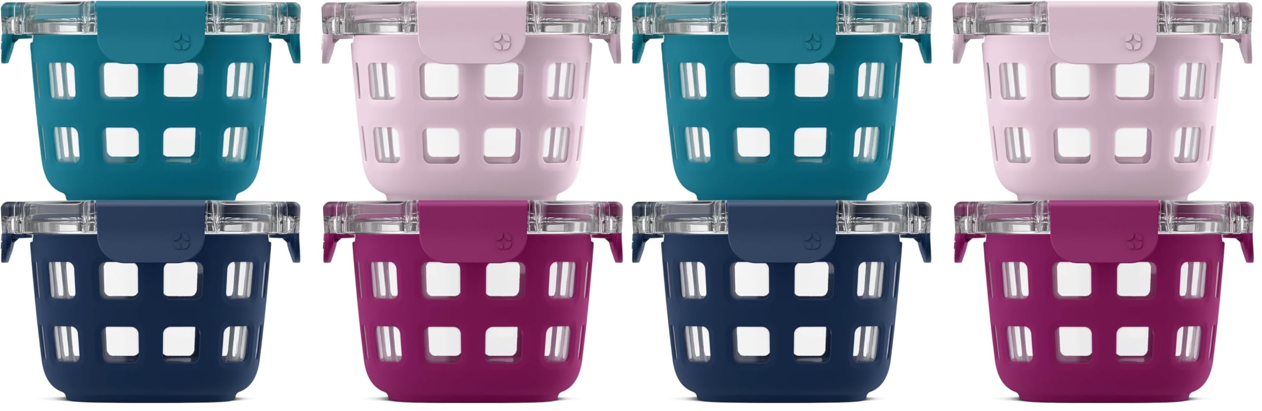 Ello Duraglass 2 Cup Reusable Glass Container Jar with Leak Proof Lids and Protective Silicone Sleeves Perfect for Overnight Oats, Yogurt BPA-Free Dishwasher Safe Evening Orchard (Pack of 8) Image