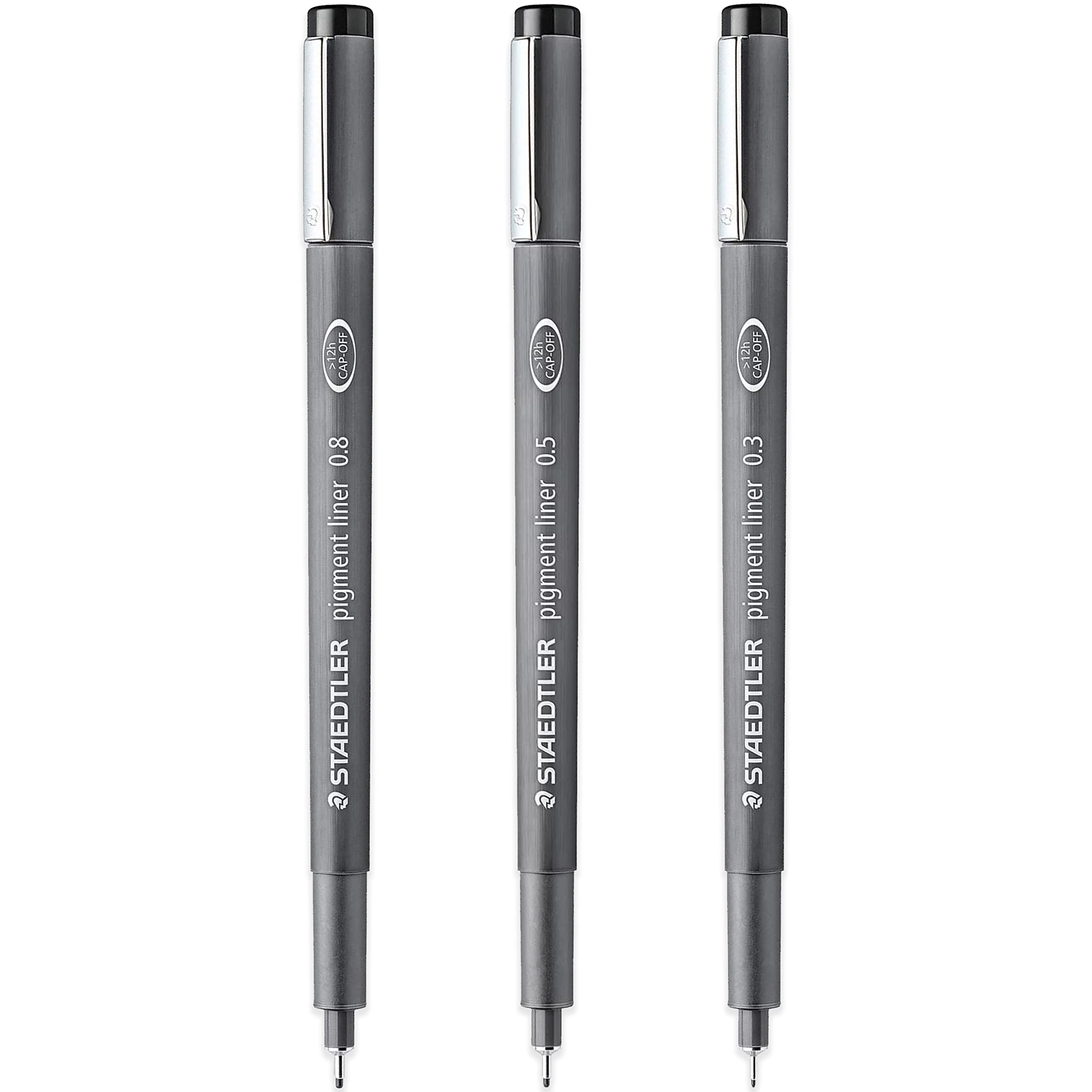 STAEDTLER 308 Pigment Liner Fineliner Pen - 0.3mm, 0.5mm, 0.8mm Nibs - Black Ink - Pack of 3