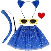 Nfvjfxz 5Pcs Blue Cats Costume Pete Cat Costume for Halloween Party Cats Ear Headband Sunglasses Heart Shaped Badge Blue Skirt and Tail
