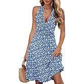 WKIOR Womens Sundress Summer Beach Vacation Sleeveless Halter Neck A-Line 2026 Boho Floral Midi Dress with Pockets